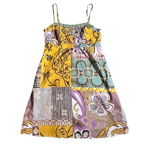 CAbi Y2K 100% Cotton Boho Beaded Mini Dress, Patchwork Floral Pattern, Size 8 - Picture 1 of 10